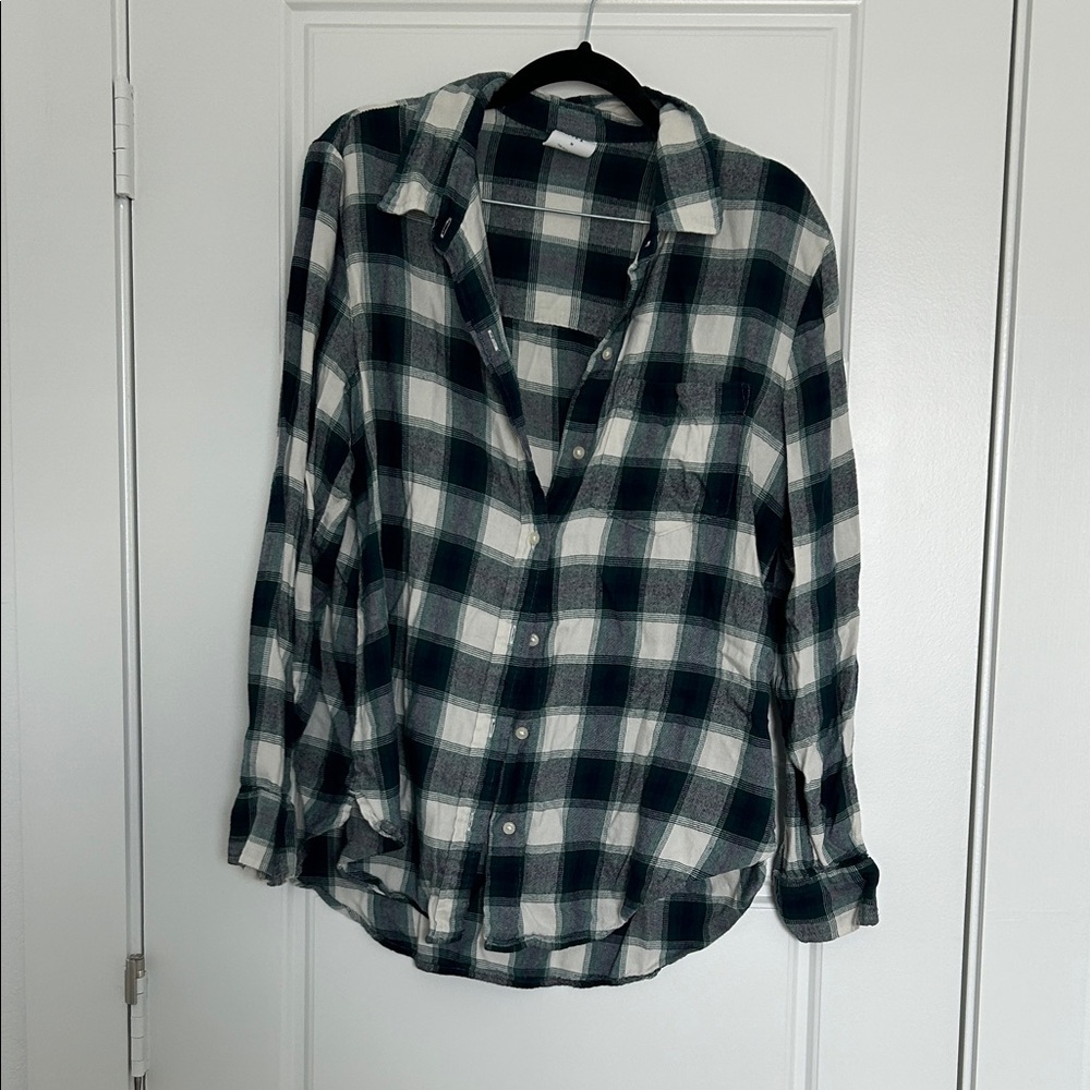 GAP women’s navy, green, and white Plaid Button-Down Shirt